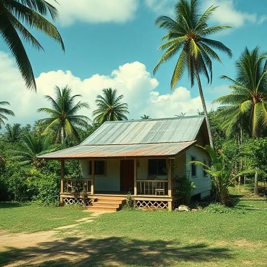 Small tropical cottage with porch and palm trees under a blue sky