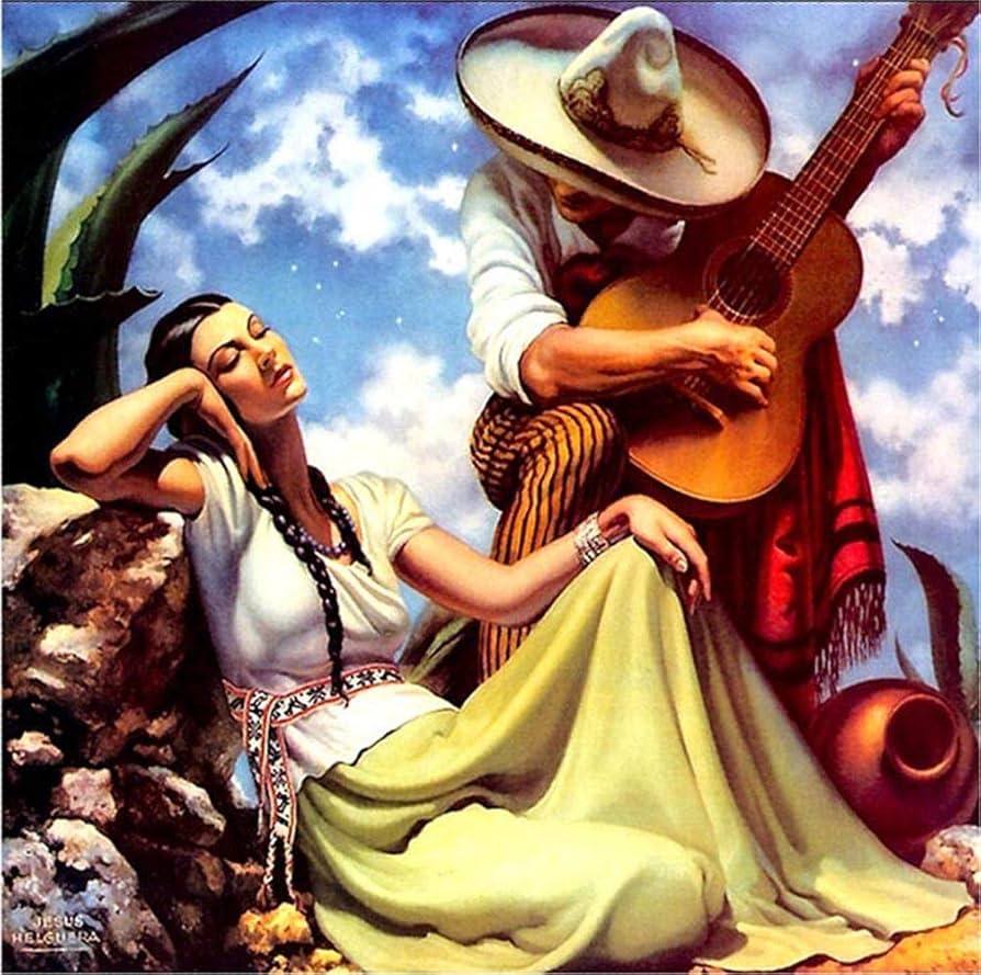 Painting of a woman seated by rocks while a sombrero-wearing guitarist plays beside her
