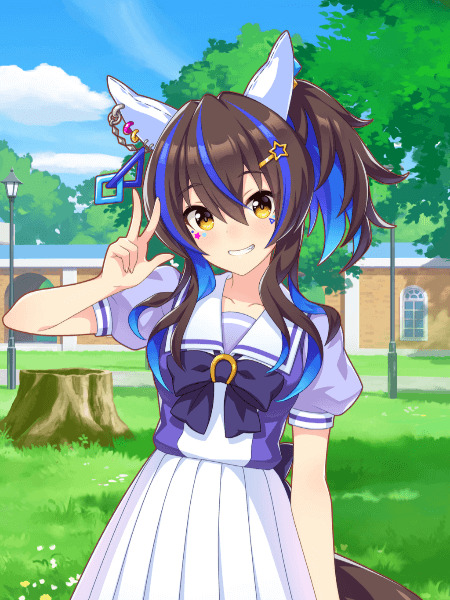 Anime horse girl Daitaku Helios with brown hair and horse ears in sailor uniform giving peace sign outdoors