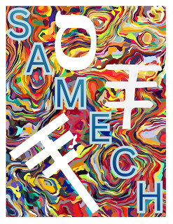 Colorful swirling abstract background with white letters S, A, M, E, C, H scattered across the image