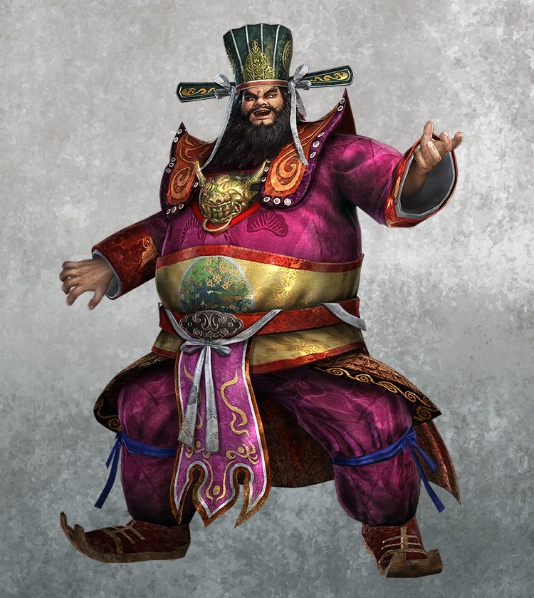 Dong Zhuo character from Dynasty Warriors 3, a heavyset warrior in magenta robes and green ceremonial hat