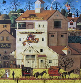 Folk art painting of Nantucket village with colonial buildings, carriages, and harbor