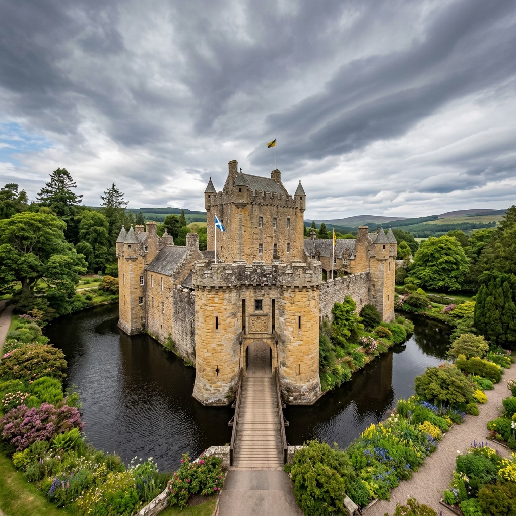 Aerial view of Cawdor Castle in Scotland with moat, bridge, and surrounding gardens under stormy clouds