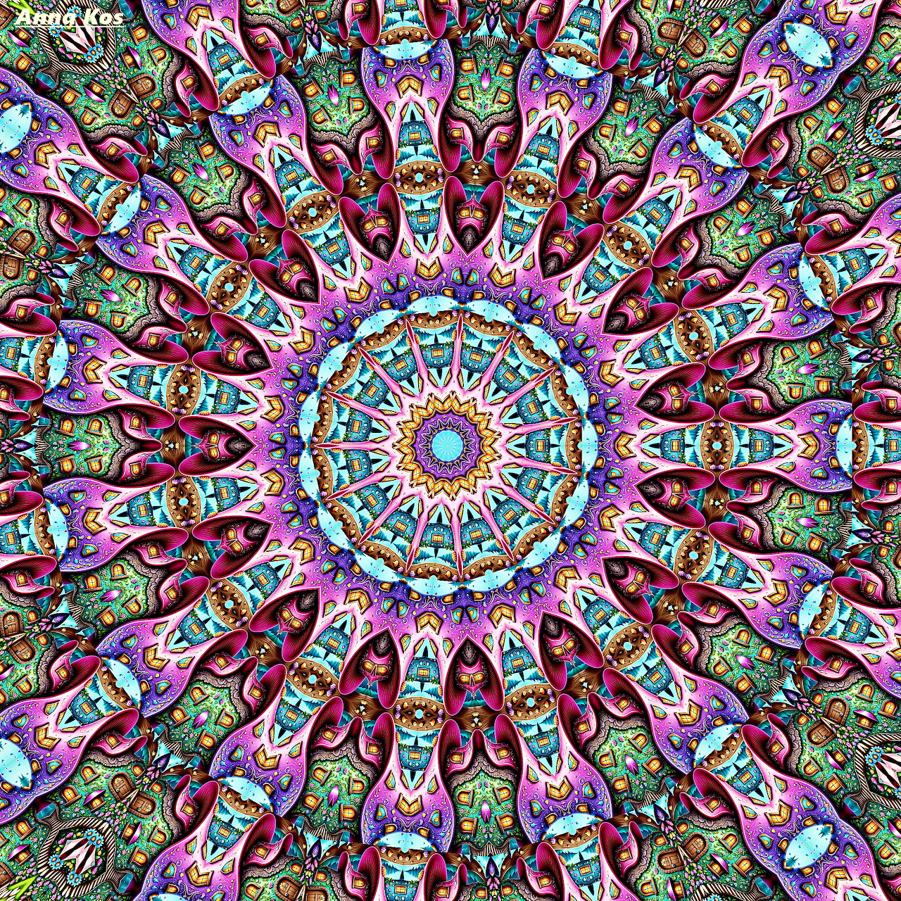 Vibrant circular mandala with intricate radial patterns in pink, blue, green, and burgundy