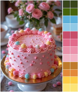 Pink frosted cake decorated with colorful candy rosettes on a stand with pink roses in the background