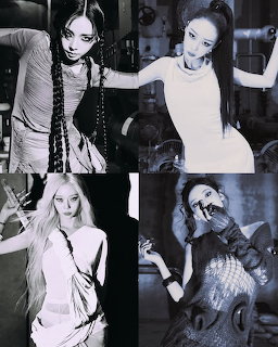 Black and white photo collage of four Aespa K-pop female artists in industrial-themed poses