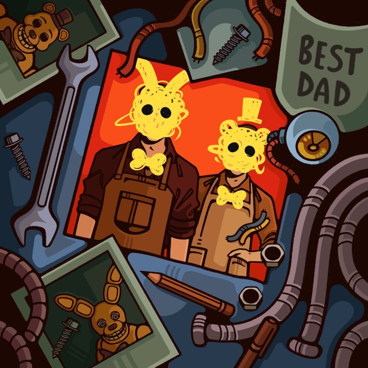 Cartoon yellow robot-like parent and child in overalls with tools, screws, hoses, and a Best Dad mug