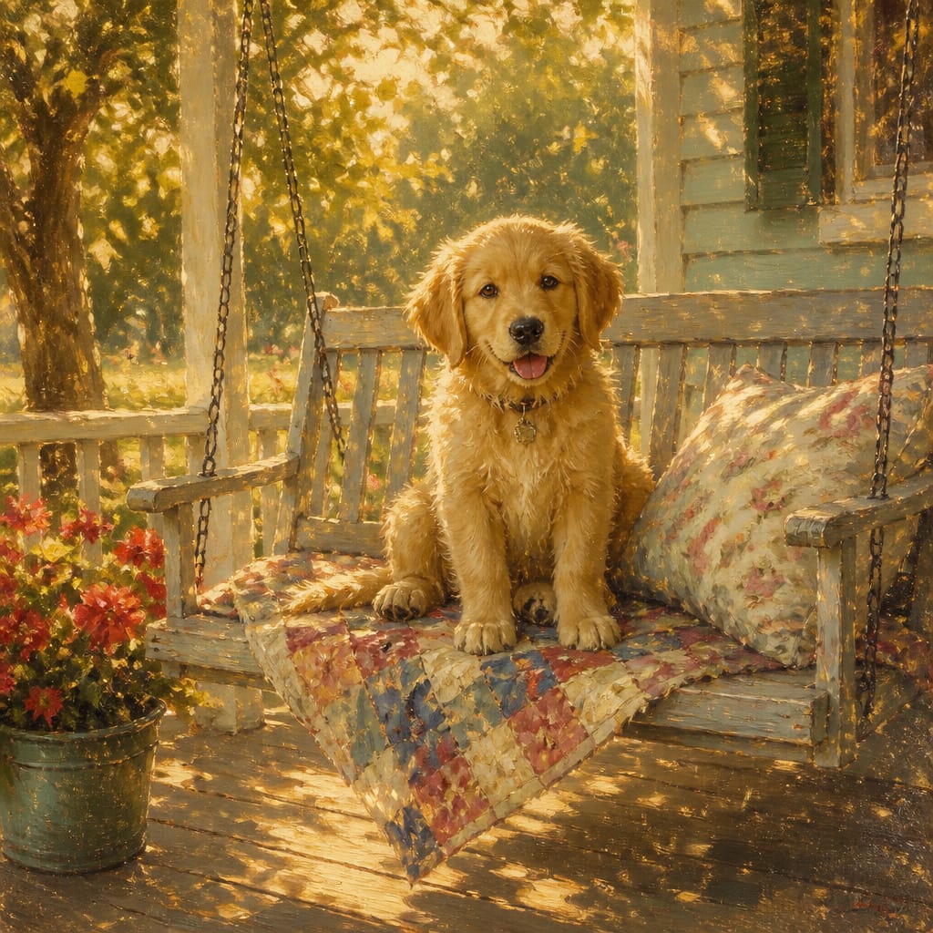 Golden retriever puppy sitting on floral porch swing with sunlight filtering through trees