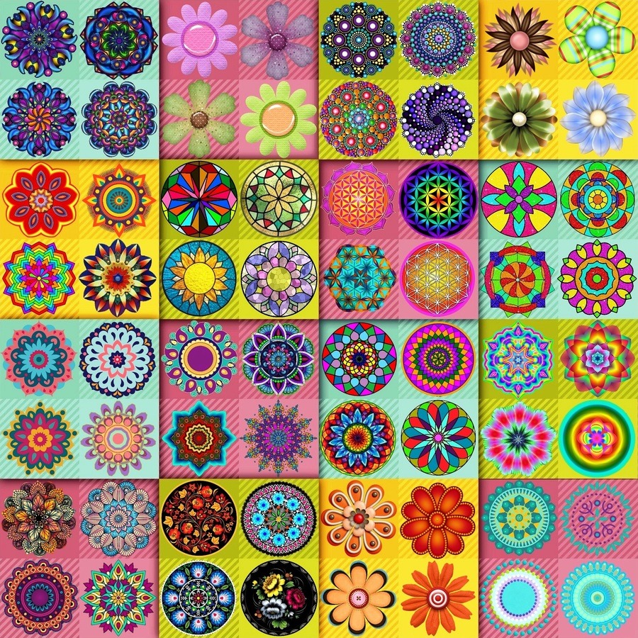 Grid of 64 colorful mandala and flower patterns in various geometric designs