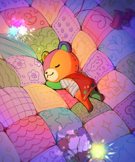 Orange teddy bear plush toy lying on rainbow patchwork quilts with sparkling stars