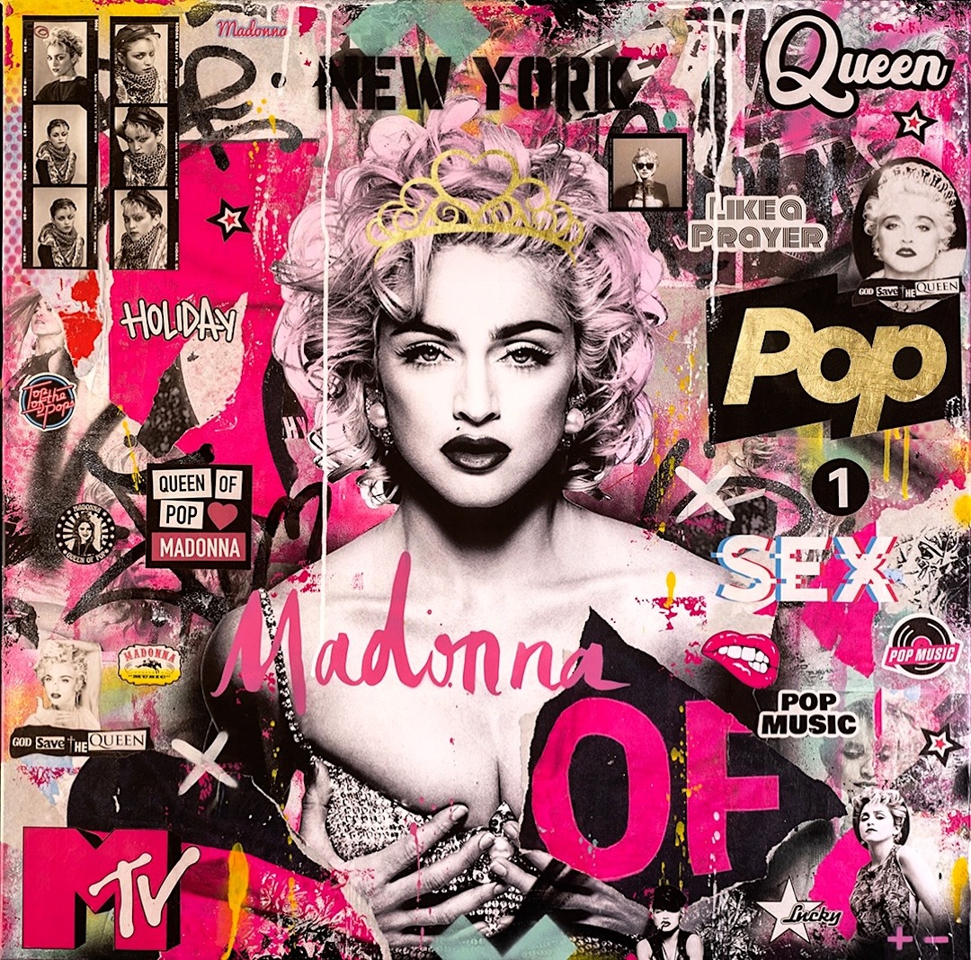 Colorful pop art collage of Madonna with retro photos, bright pink graphics, and bold text overlays