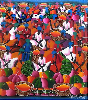 Colorful naive art painting of crowded Haitian market with women in bright dresses carrying baskets