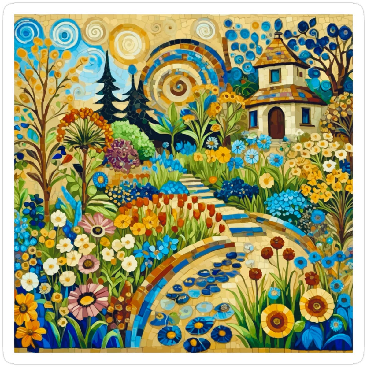 Whimsical illustrated garden with winding blue path through colorful flowers leading to small house with swirling decorative sky