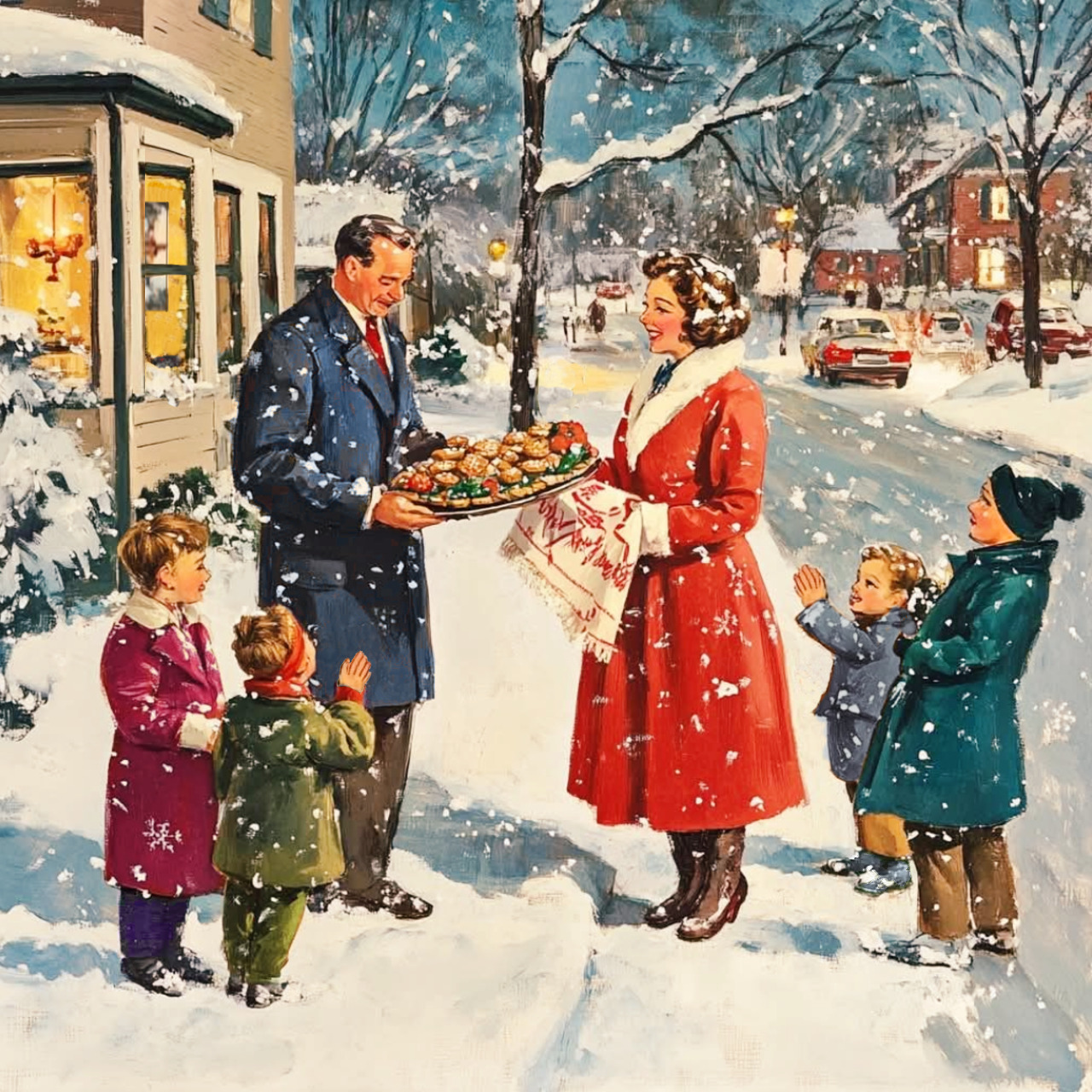 Snowy Village Family Scene