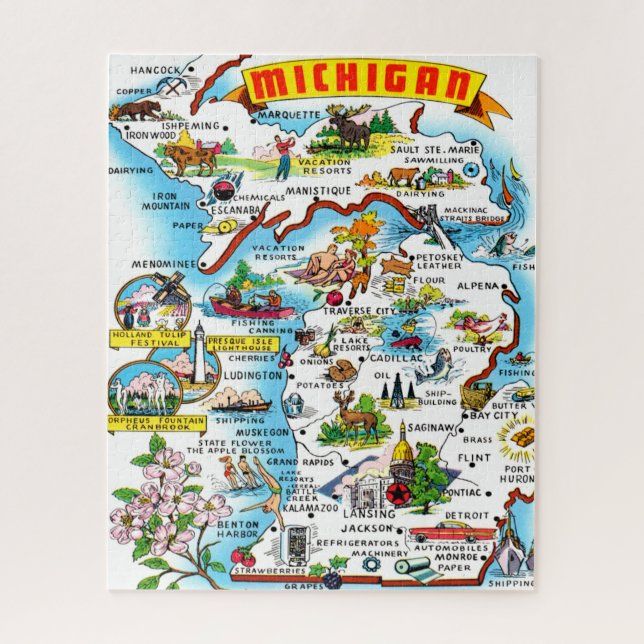 Illustrated map of Michigan showing cities, landmarks, wildlife, and small scenic drawings