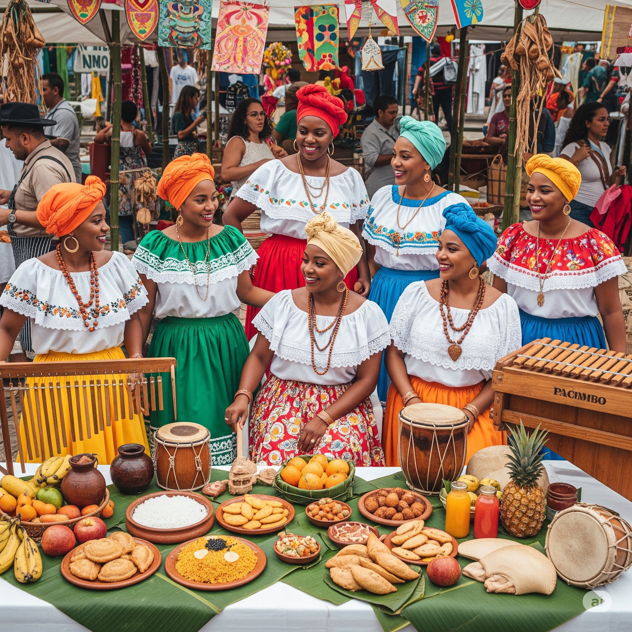 Group in traditional colorful attire at festival table with food and drums