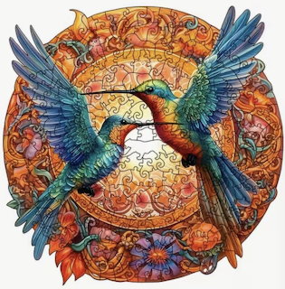Colorful illustration of two hummingbirds in front of an ornate circular floral mandala