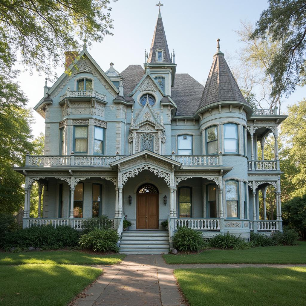 Ornate Victorian mansion with turrets, porch, and lawn framed by trees