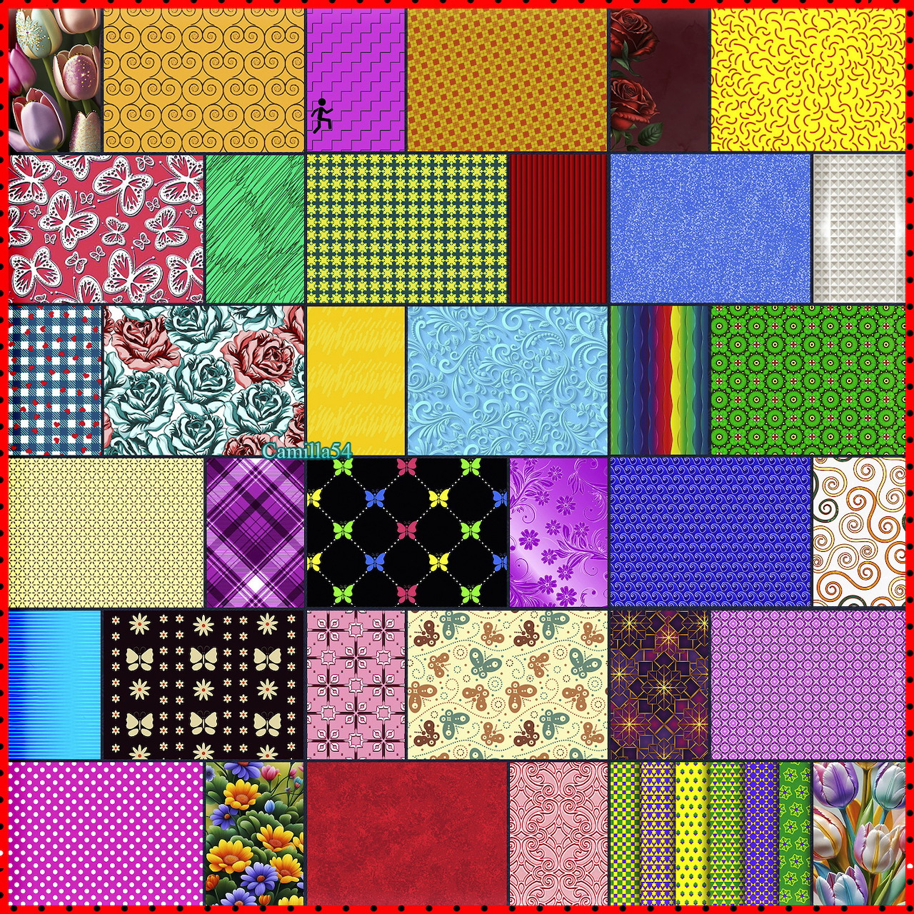 Grid of 49 colorful patchwork squares with different patterns including dots, florals, checks, and geometric designs