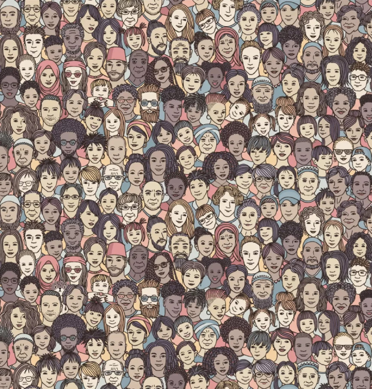Illustration of a dense crowd made up of many diverse faces and hairstyles