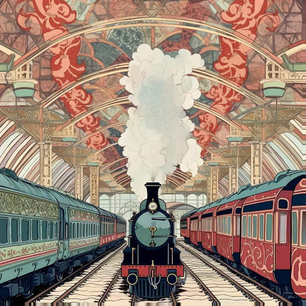 Illustrated steam train between two vintage passenger trains in an ornate station interior