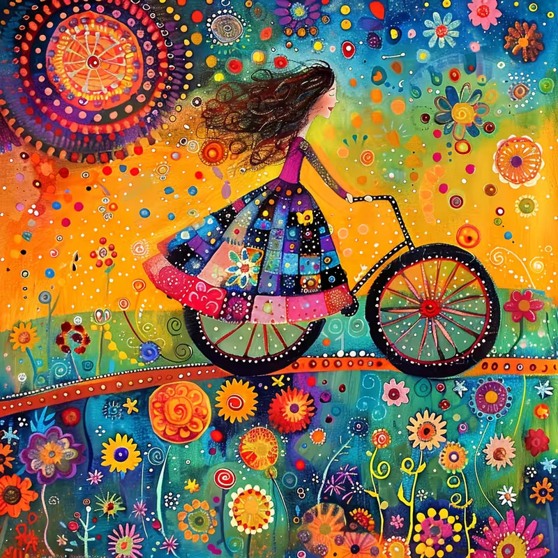 Colorful folk art girl on bicycle amid mandala patterns and flowers