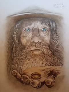 Drawing of Gandalf with blue eyes and grey hat holding the One Ring in his hands