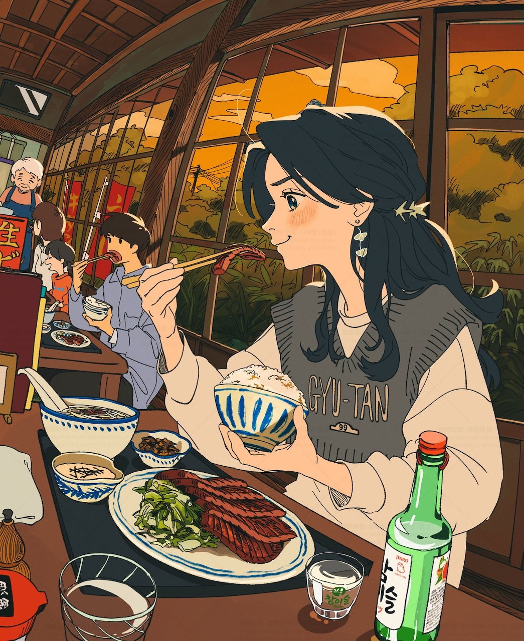 Anime girl with black hair eating meal on a moving train with golden autumn trees outside the windows