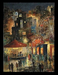 Painting of a night carnival scene with ferris wheel, carousel, glowing lights and crowds on wet streets