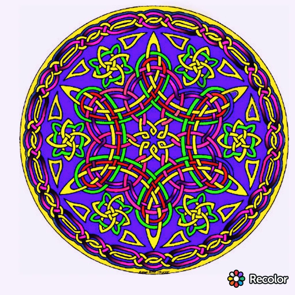 Colorful mandala with Celtic knot design in purple, yellow, green, and red with radial symmetry