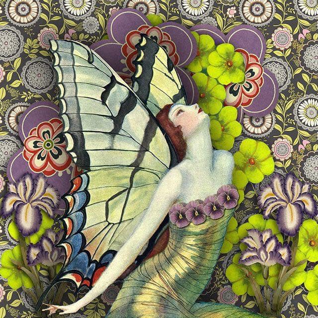 Painting of a butterfly-winged woman amid detailed floral patterns and vivid green flowers