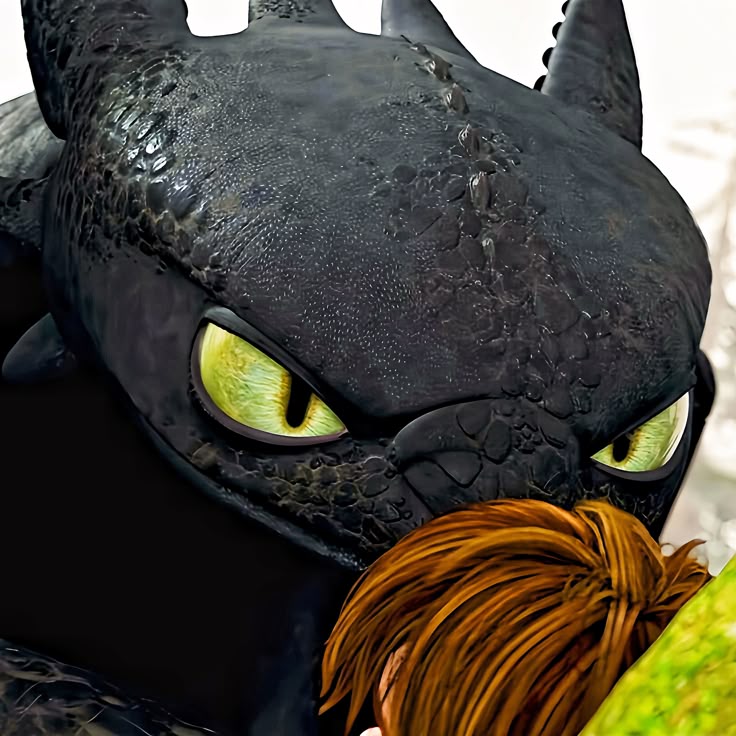 Close-up of Toothless the black dragon with green eyes and textured scales