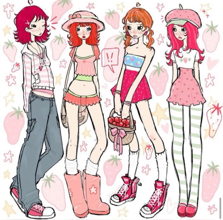 Four illustrated girls in different outfits with strawberry-themed accessories and pink hair in various styles
