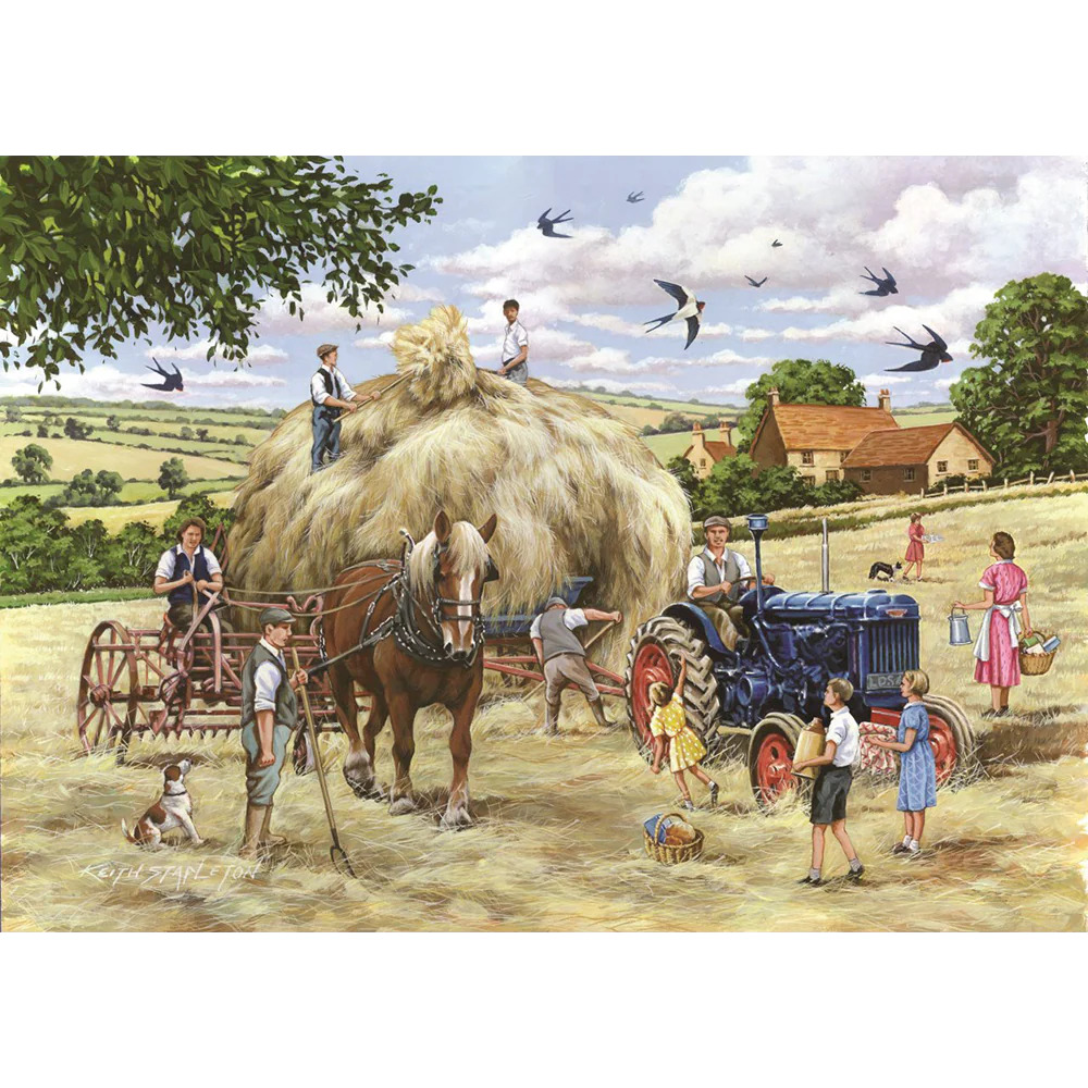 Vintage farm harvest scene with horses pulling hay wagon, workers gathering hay, barn and countryside in background