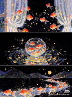 Fantasy illustration of goldfish swimming in a starry night sky with a fishbowl and moonlit mountains