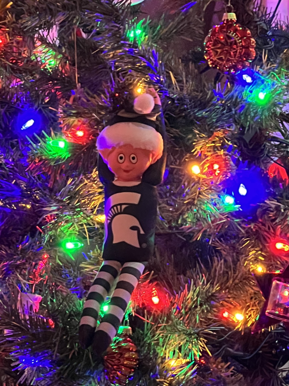 Elf doll ornament hanging on a Christmas tree decorated with colorful lights