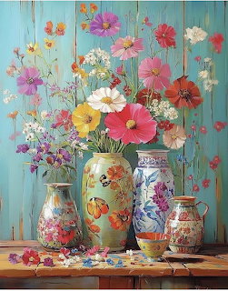 Colorful wildflowers in ornate vases on wooden table with turquoise wood backdrop