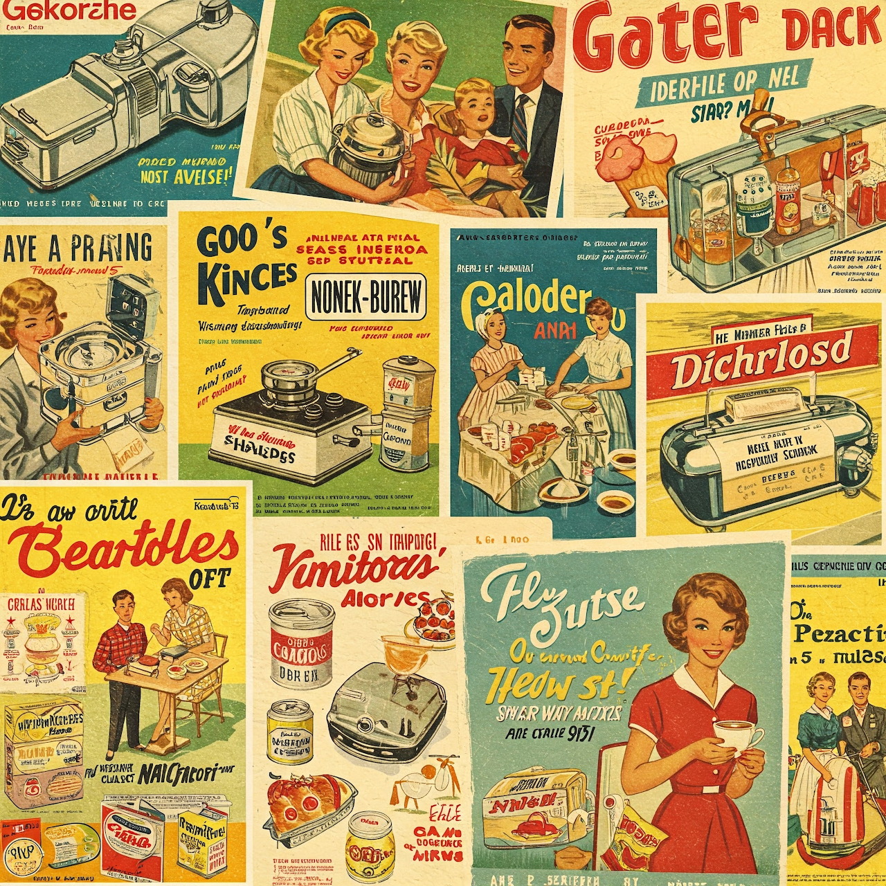 Grid collage of retro 1950s food advertising illustrations with families and product packaging