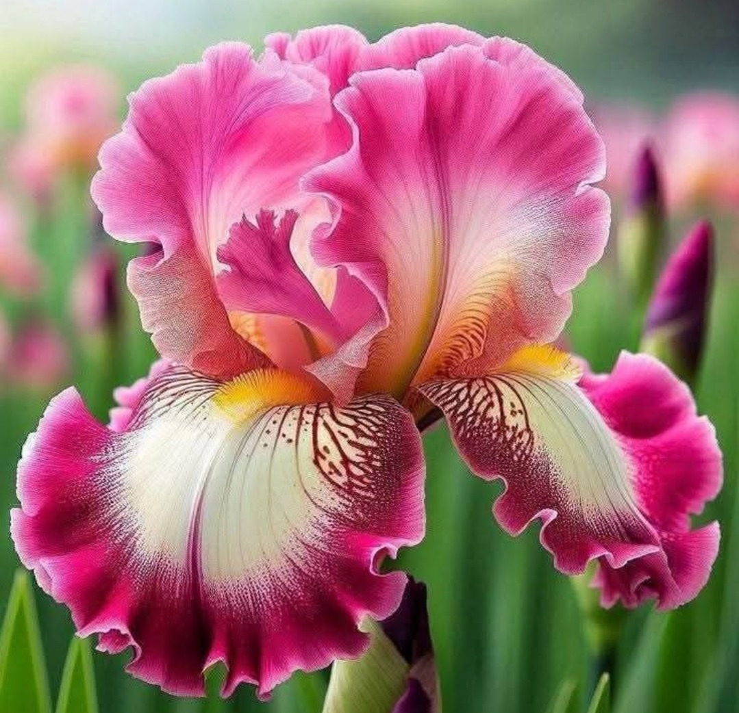 Close-up of a pink and white bearded iris with ruffled petals and yellow throat against green foliage