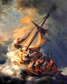 Sailing ship being tossed by stormy seas with crew battling violent waves under dark threatening clouds