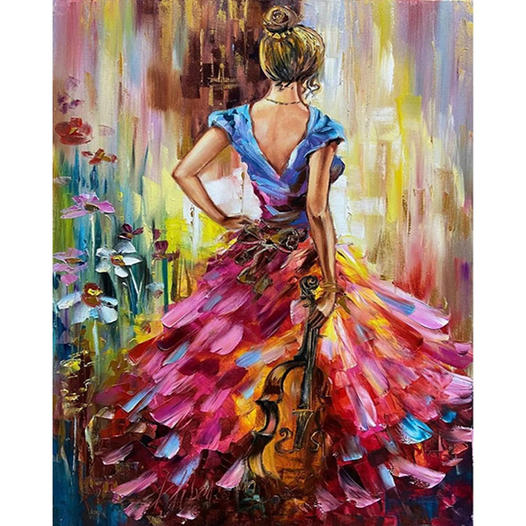 Colorful painting of a woman in a red flamenco dress holding a violin, viewed from behind