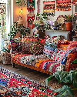 Colorful bohemian living room with patterned sofa, rugs, plants, and decorative textiles