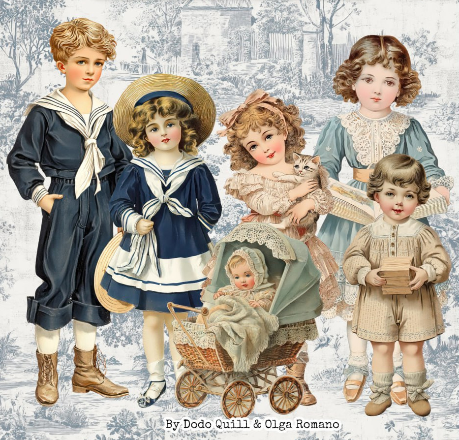 Vintage illustration of five children in old-fashioned outfits with a baby in a pram