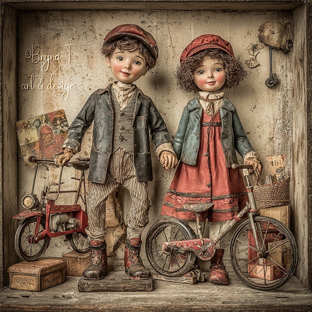 Vintage illustration of a boy and girl doll with antique tricycles