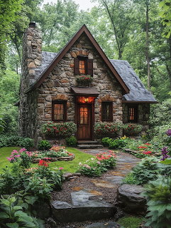 Stone cottage with glowing windows surrounded by garden flowers and trees in forest setting