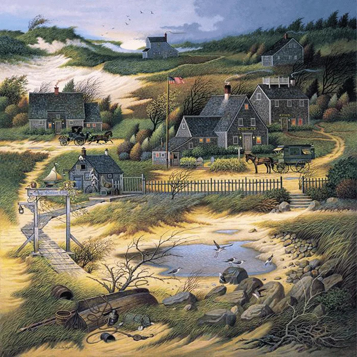 Painting of a rustic coastal village with gray houses, sandy paths, fences, and a small pond