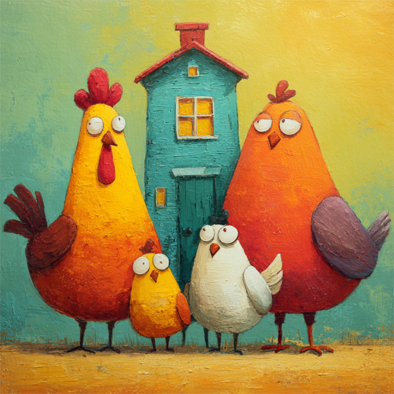Whimsical painting of four cartoon chickens in yellow, orange, red, and white standing before a small blue house
