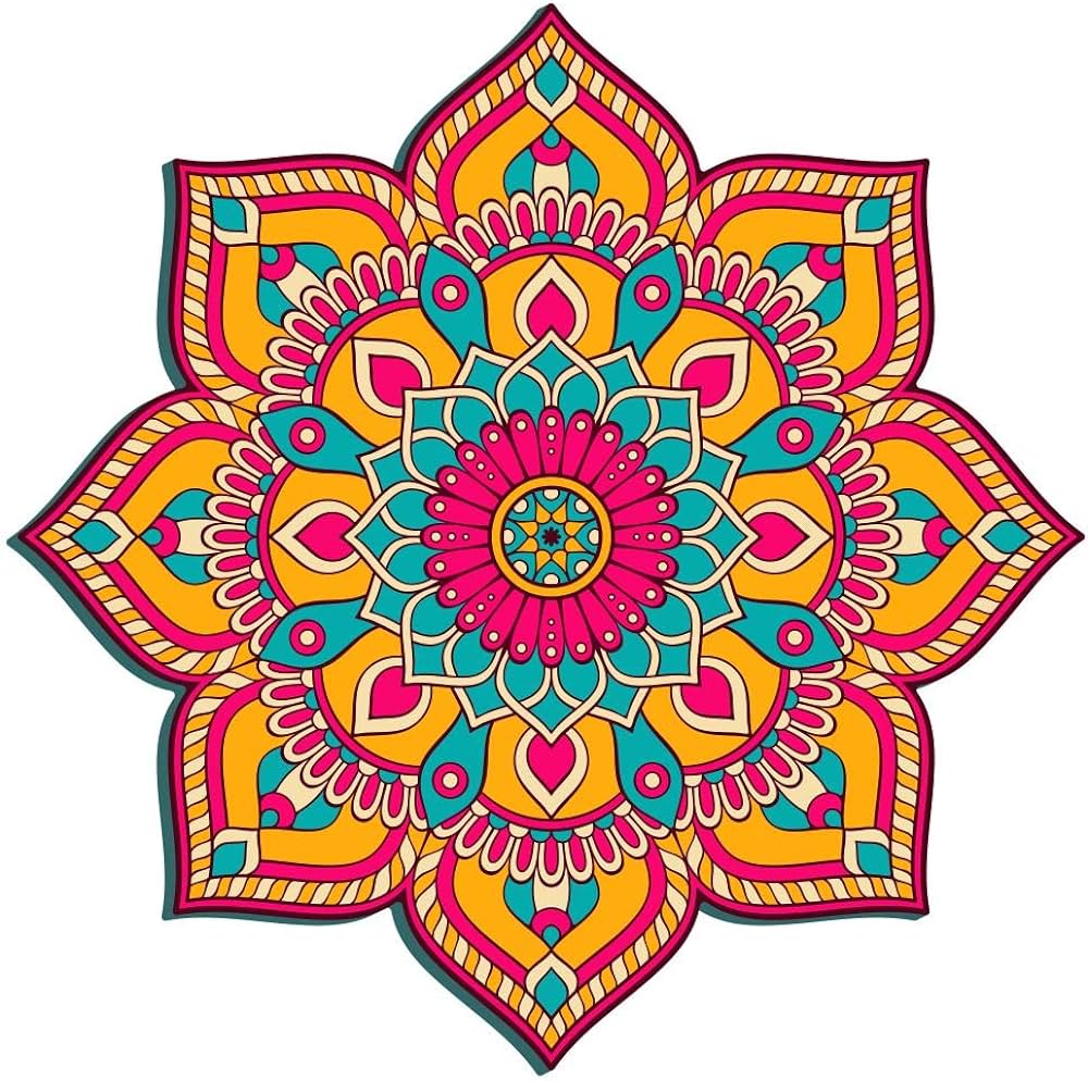 Colorful symmetrical mandala with layered petals and geometric patterns in red, yellow, blue, and turquoise