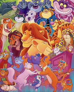 Colorful collage of various Disney animated cat characters arranged together in a vibrant illustration