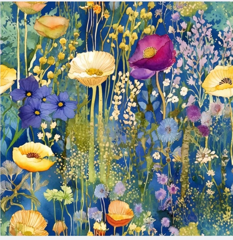 Watercolor painting of colorful wildflowers on a deep blue background